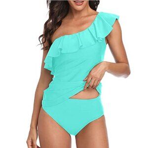 One-Shoulder Ruffle Swimsuit in Aqua